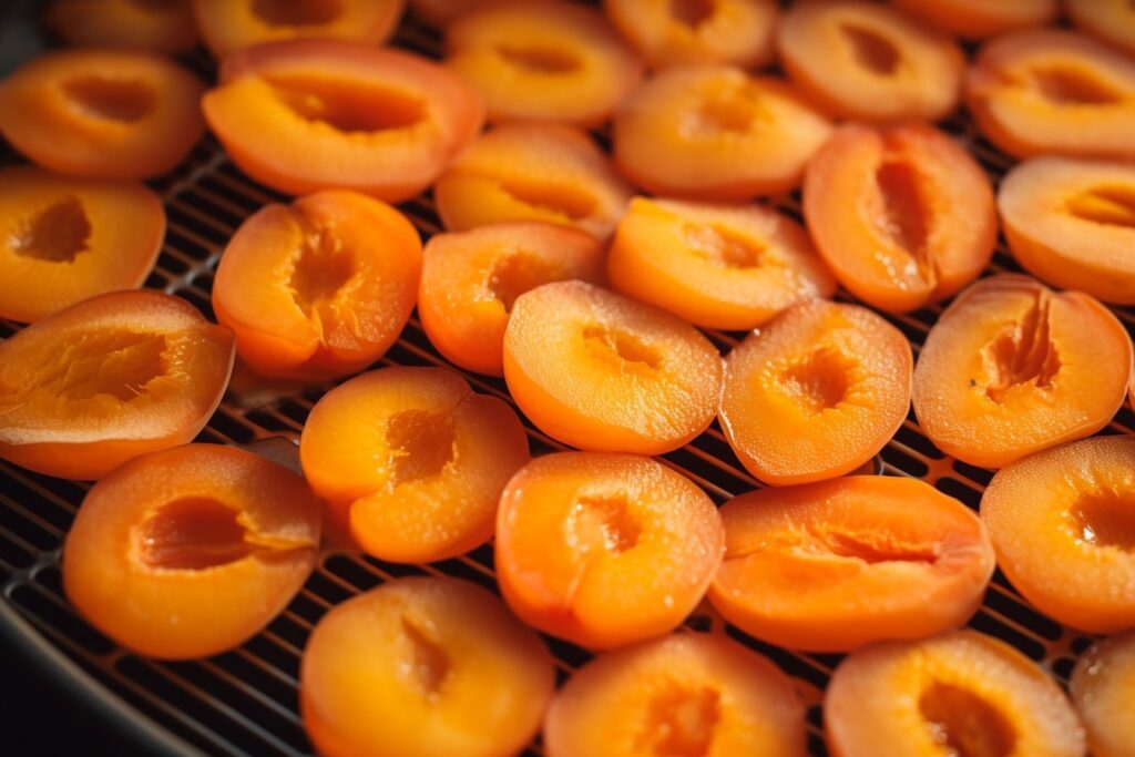 Carefully organize your sliced apricots in a dehydrator and begin dehydrating now