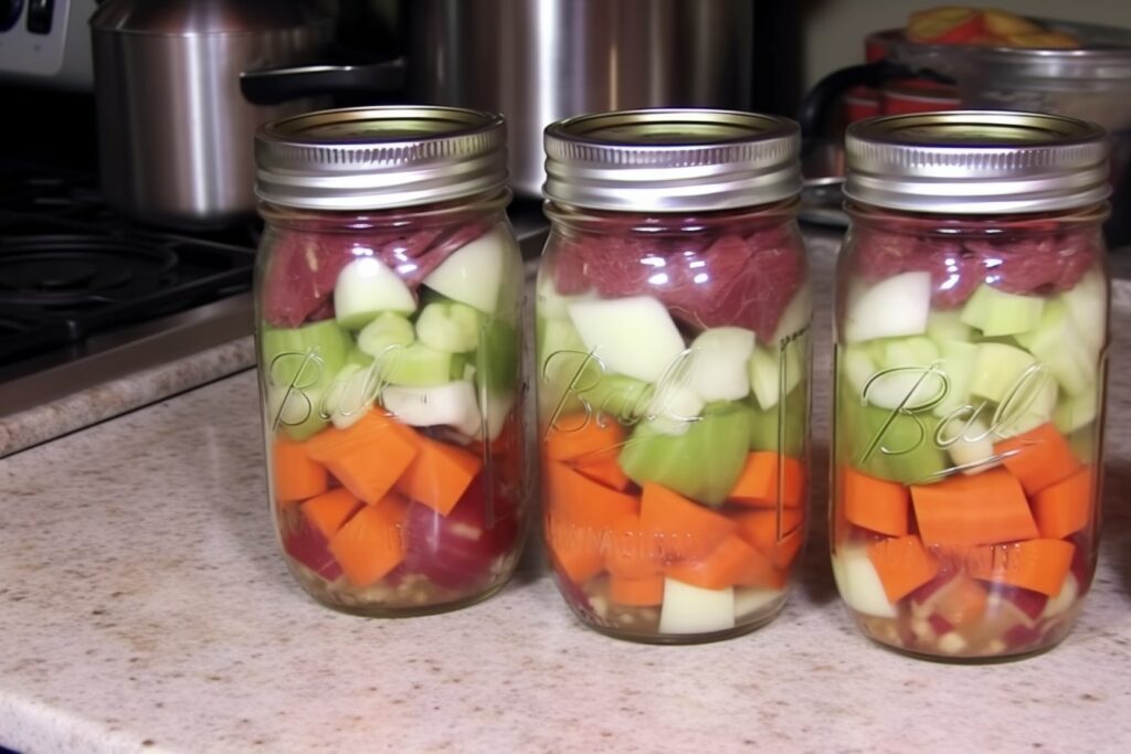 Organizing prepared ingredient in jar and ready to pressure can