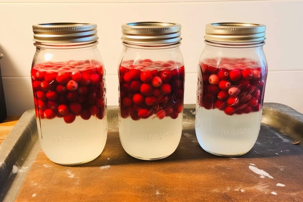 Add boiling water to craberries sugar mixture and jars are ready for water bath canning now!