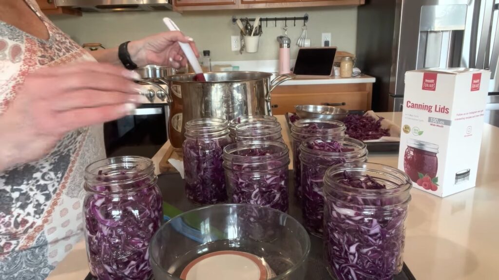 Done with your delicious brine already, let's pack your sliced red cabbage into jar for canning process