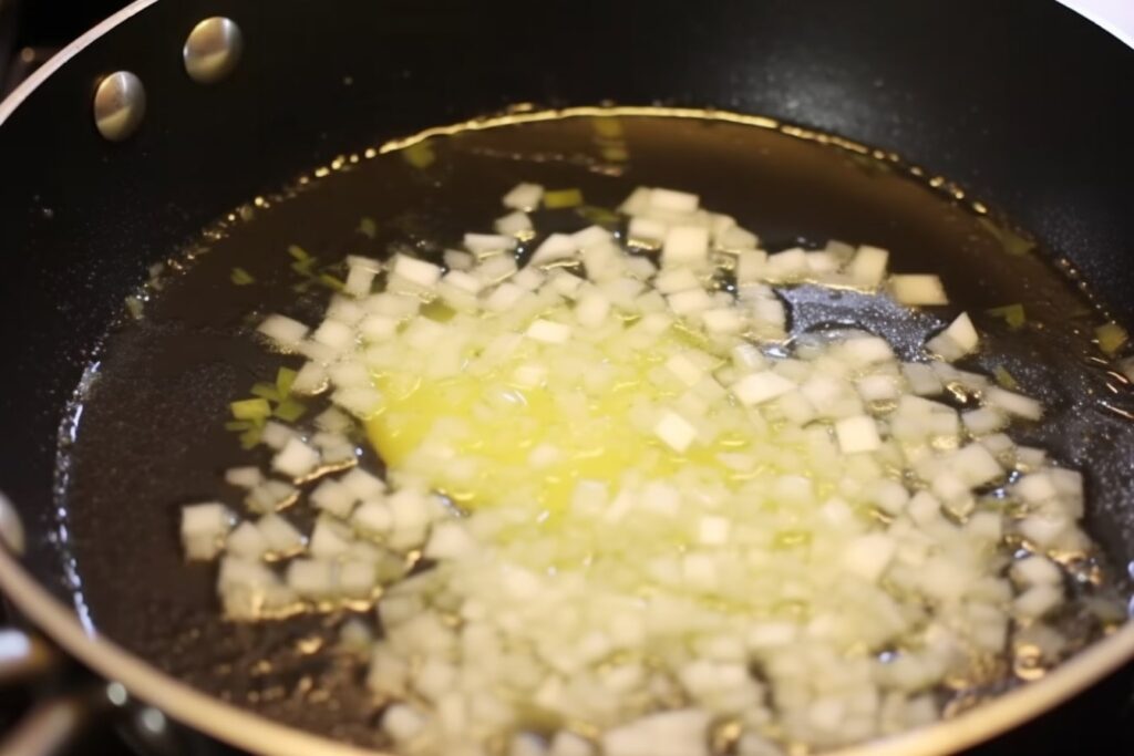 The first step, and really really important as well, is to sauté the prepared minced garlic for Bacalao Ajoarriero.