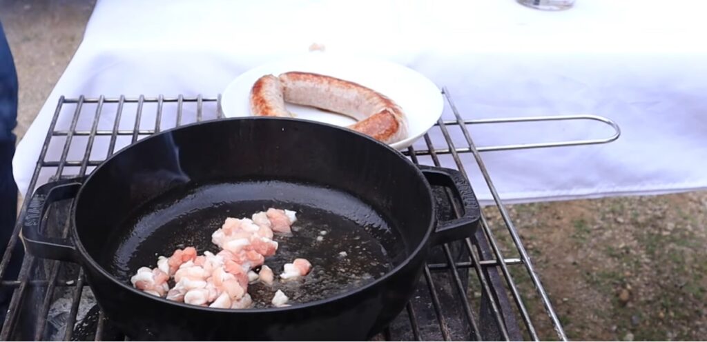 catalan sausage and beans fry bacon, remember to make full use of the olive oil used to fry sausages